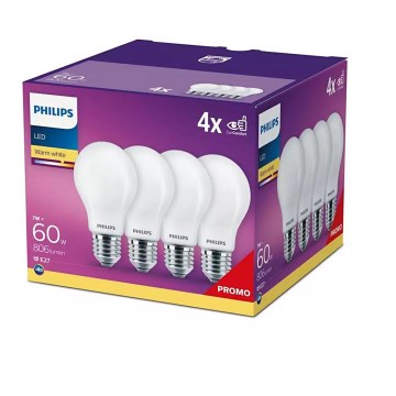 SADA 4x LED Žárovka Philips A60 E27/7W/230V 2700K