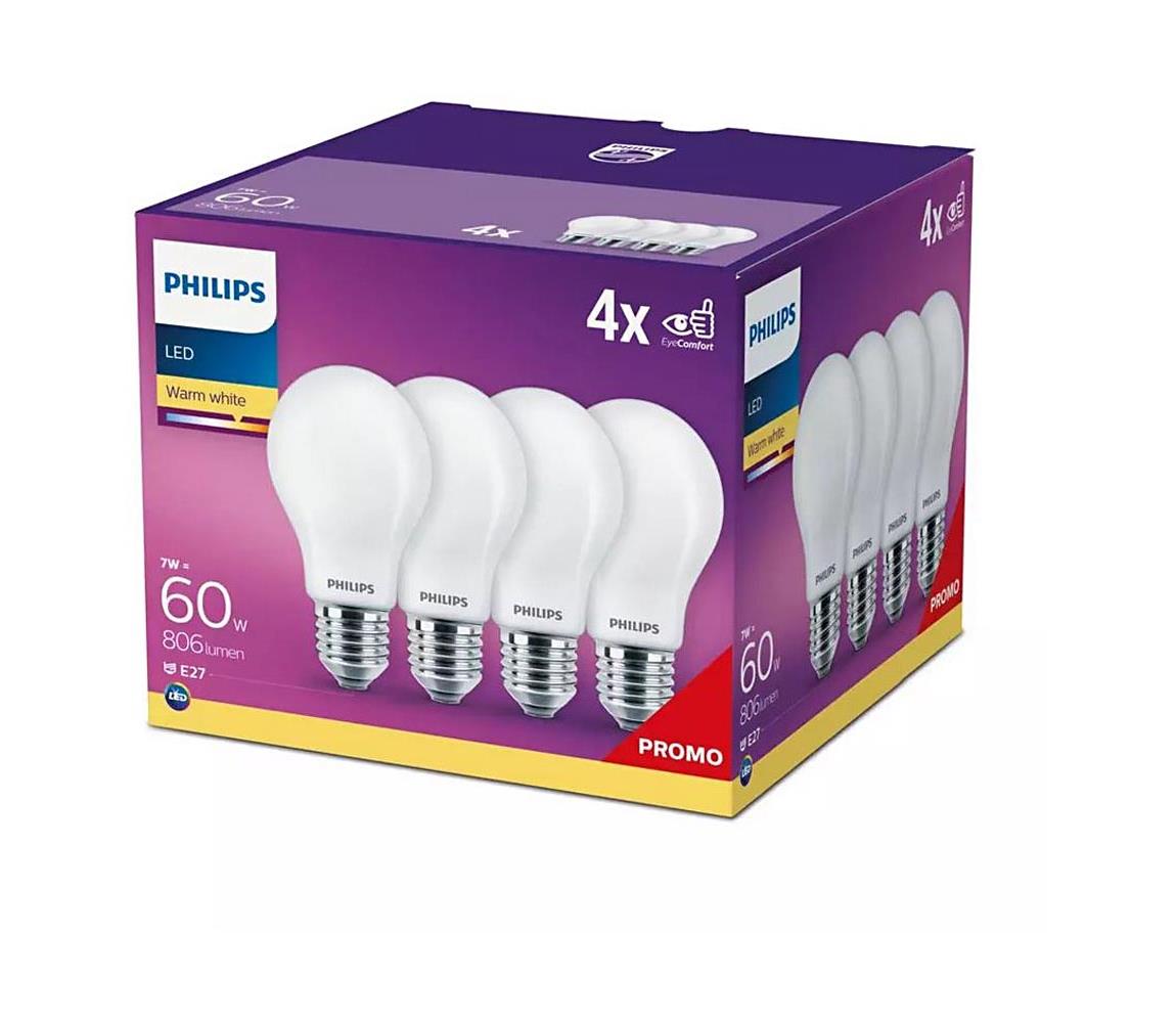 Philips SADA 4x LED Žárovka Philips A60 E27/7W/230V 2700K P5207
