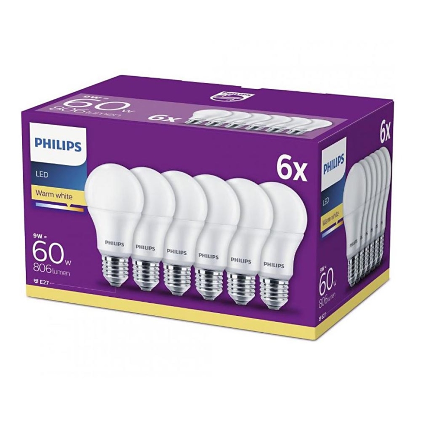 SADA 6x LED Žárovka Philips A60 E27/9W/230V 2700K