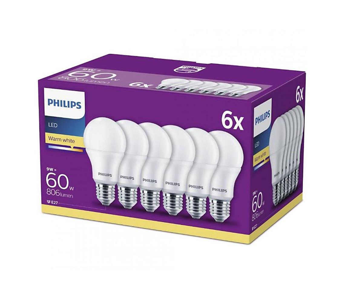 Philips SADA 6x LED Žárovka Philips A60 E27/9W/230V 2700K P5438