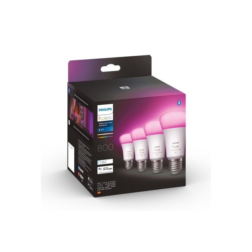 SADA - LED RGBW Stmívatelný pásek Philips Hue WHITE AND COLOR AMBIANCE 2m LED/20W/230V + 4x Stmívatelná žárovka Philips A60 E27/6,5W/230V 2000-6500K