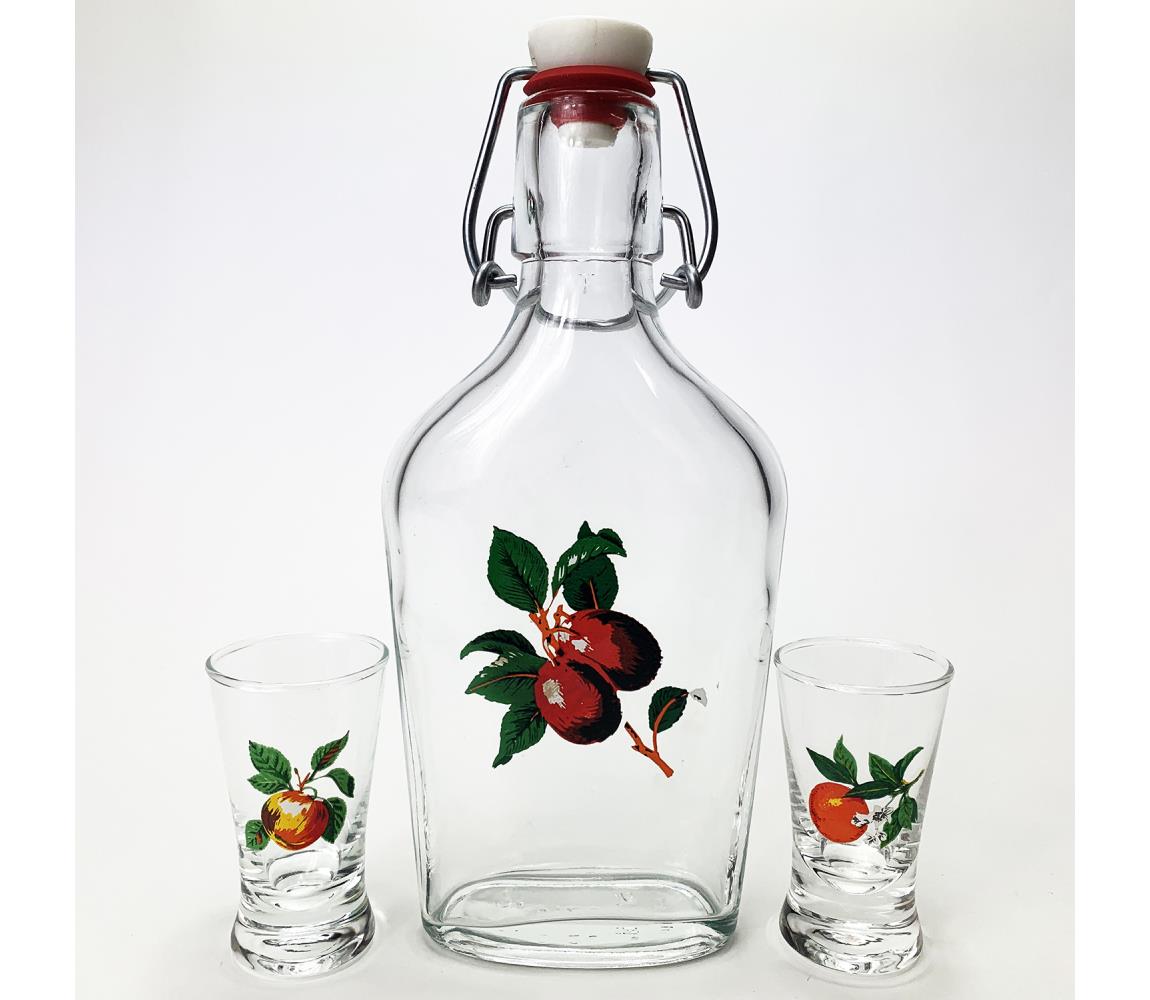 Výrobce po 1 ks Sada vector - 1x velká láhev + 2x sklenice na panáky čirá s motivem ovoce KK03804