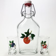 Sada vector - 1x velká láhev + 2x sklenice na panáky čirá s motivem ovoce