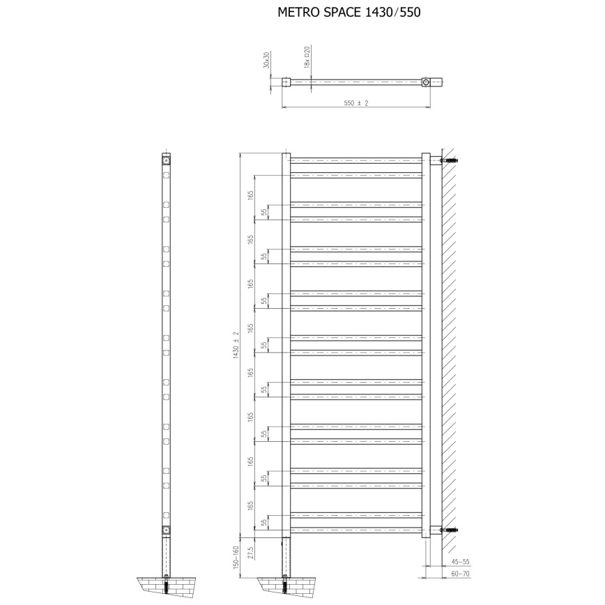 Sapho - Koupelnový radiátor METRO SPACE 525W 55x143 cm matná černá