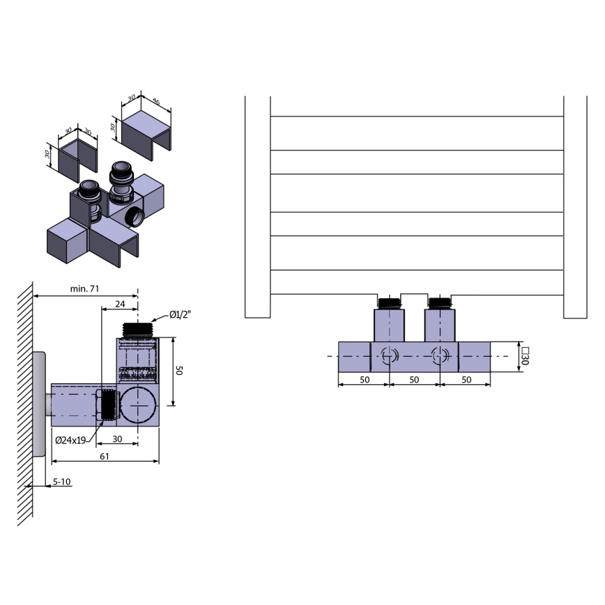 Sapho - Připojovací sada ventilů pro středové připojení CUBE TWIN lesklý chrom