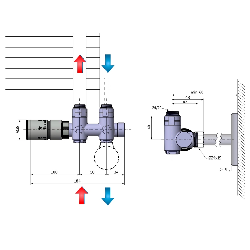 Sapho - Připojovací termostatická sada pro středové připojení TWIN COMBI levá/matná nerez