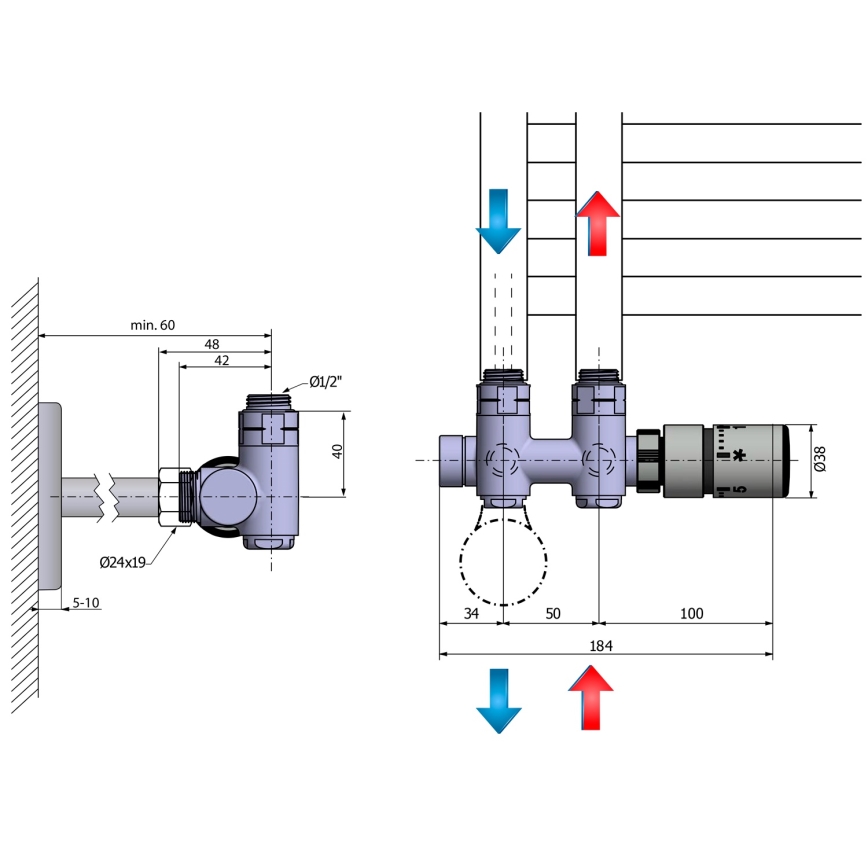 Sapho - Připojovací termostatická sada pro středové připojení TWIN COMBI pravá/lesklý chrom