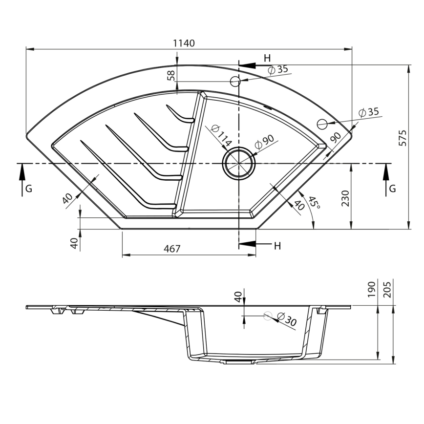 Sapho - Rohový kuchyňský dřez 114x57,5 cm granit/černá