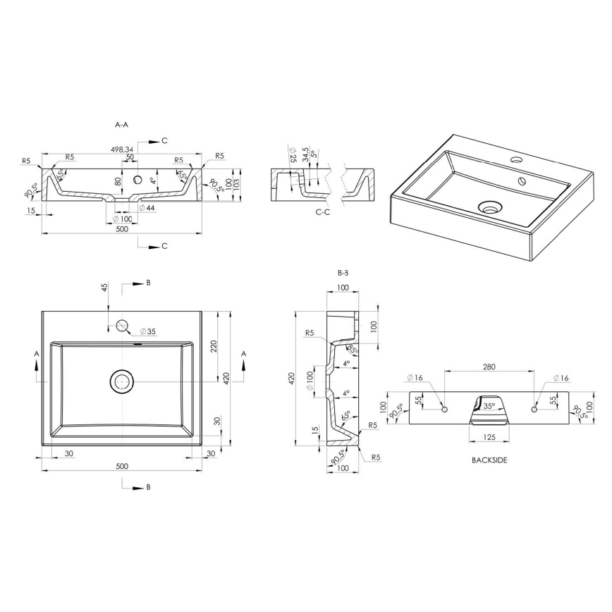 Sapho - Umyvadlo na desku ORINOKO 50x42 cm mramor/bílá