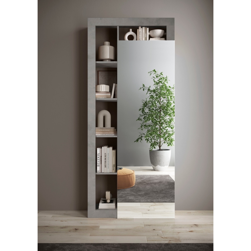 Šatní skříň se zrcadlem LENOR 91x209 x30 cm bílá/šedá beton