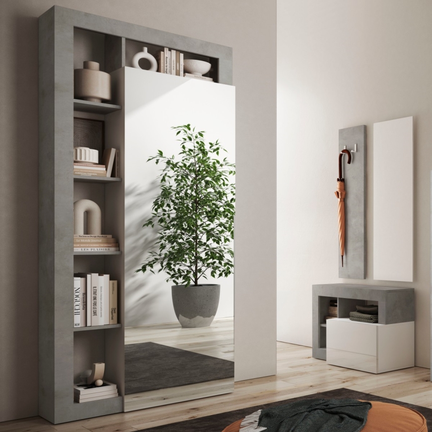 Šatní skříň se zrcadlem LENOR 91x209 x30 cm bílá/šedá beton