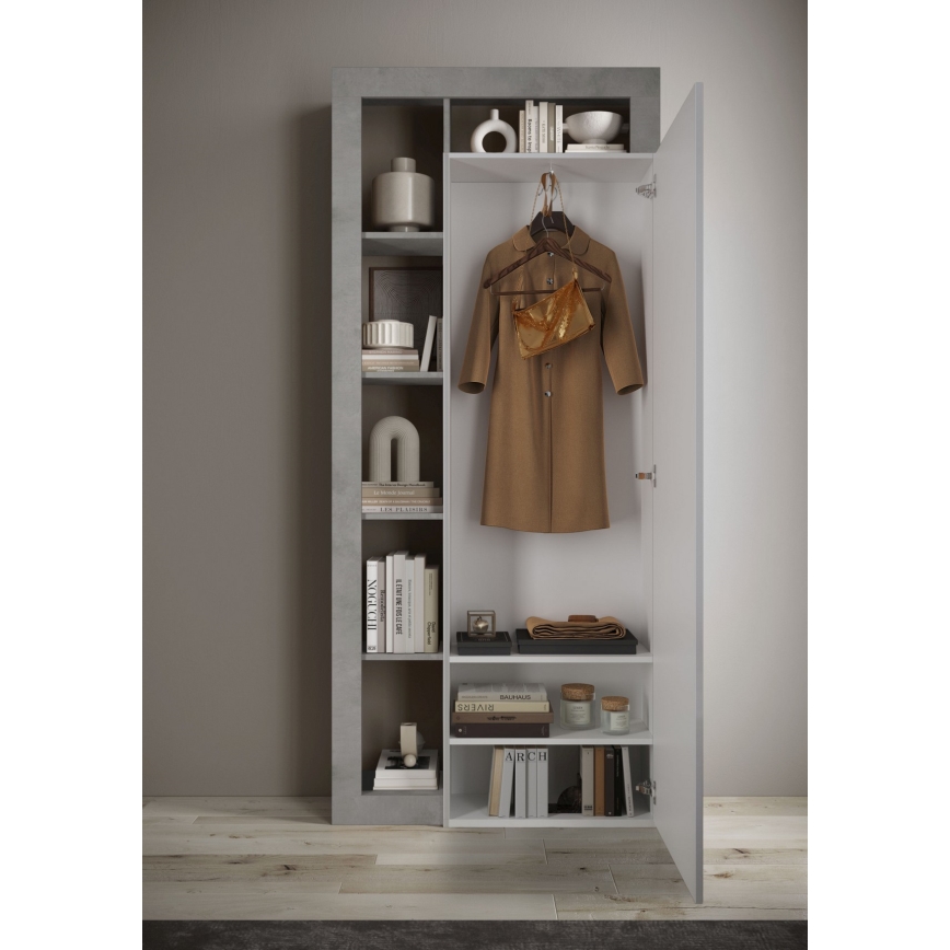 Šatní skříň se zrcadlem LENOR 91x209 x30 cm bílá/šedá beton
