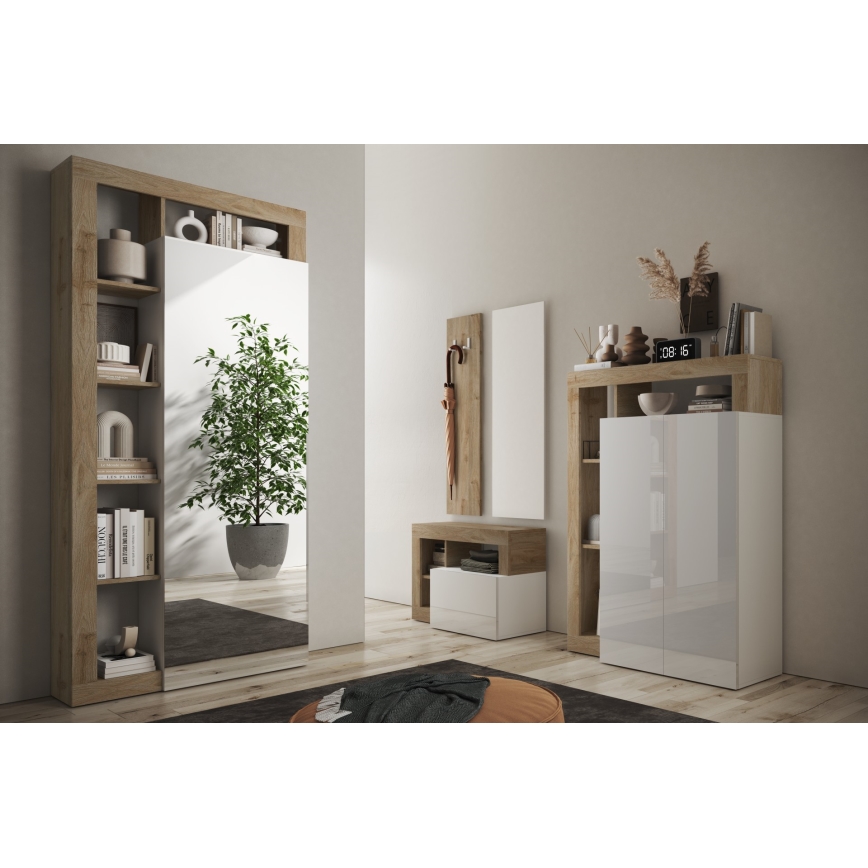 Šatní skříň se zrcadlem LENOR 91x209x30 cm bílá/světlý dub
