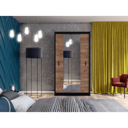Šatní skříň se zrcadlem MIRO 120x215 cm dub craft/černá