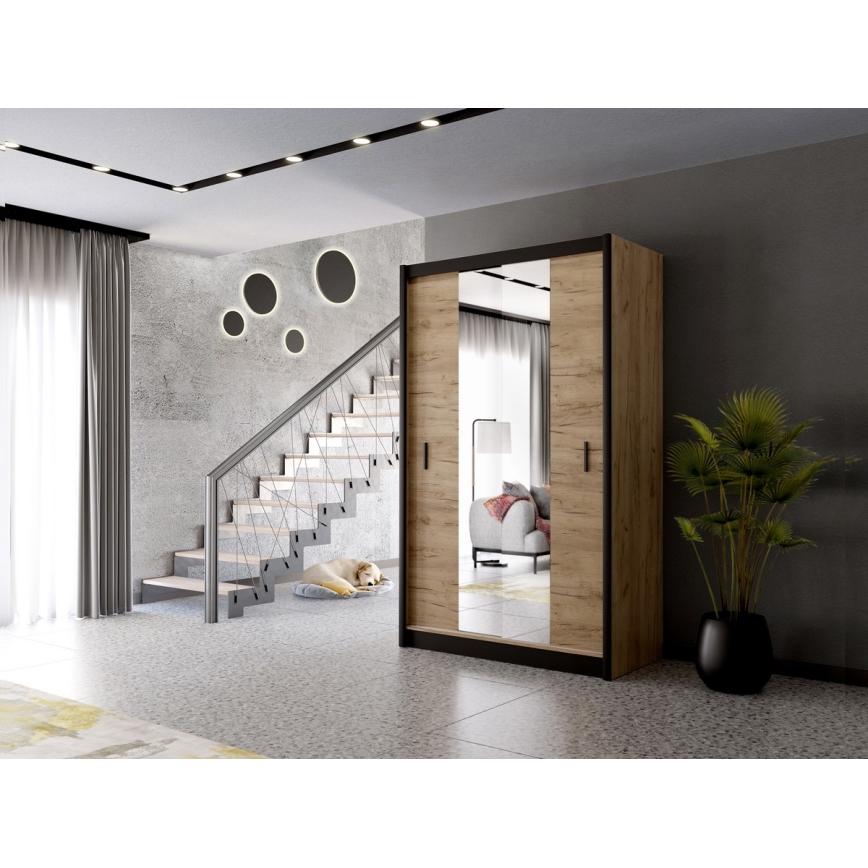 Šatní skříň se zrcadlem MIRO 150x215x61 cm dub craft/černá