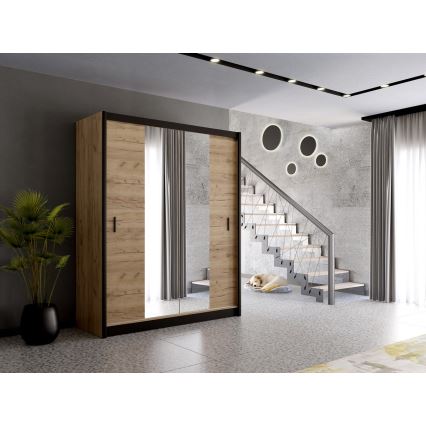 Šatní skříň se zrcadlem MIRO 203x215x61 cm dub craft/černá