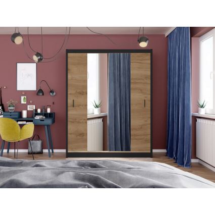 Šatní skříň se zrcadlem MIRO 203x215x61 cm dub craft/černá
