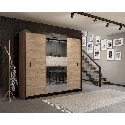 Šatní skříň se zrcadlem MIRO 250x215x61 cm dub craft/černá