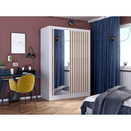 Šatní skříň se zrcadlem SANTINO 150x215 cm bílá/dub craft