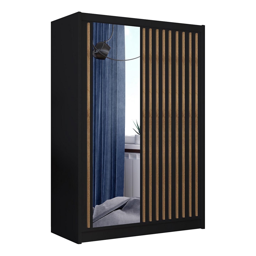 Šatní skříň se zrcadlem SANTINO 150x215 cm černá/dub craft