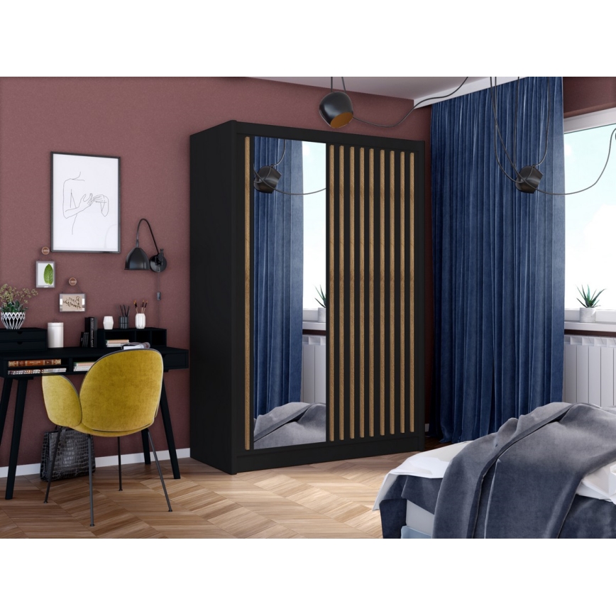 Šatní skříň se zrcadlem SANTINO 150x215 cm černá/dub craft