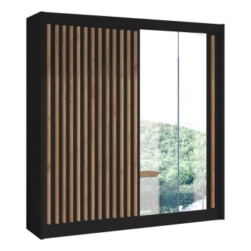 Šatní skříň se zrcadlem SANTINO 203x215 cm černá/dub craft