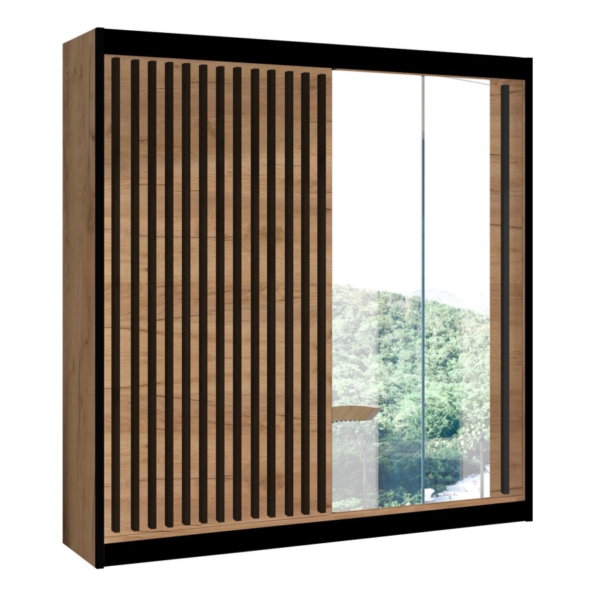 Šatní skříň se zrcadlem SANTINO 203x215 cm dub craft/černá