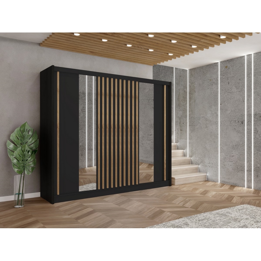 Šatní skříň se zrcadlem SANTINO 250x215 cm černá/dub craft