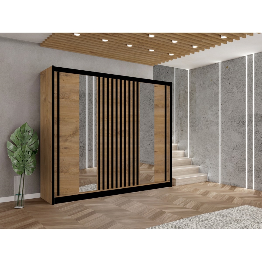 Šatní skříň se zrcadlem SANTINO 250x215 cm dub craft/černá