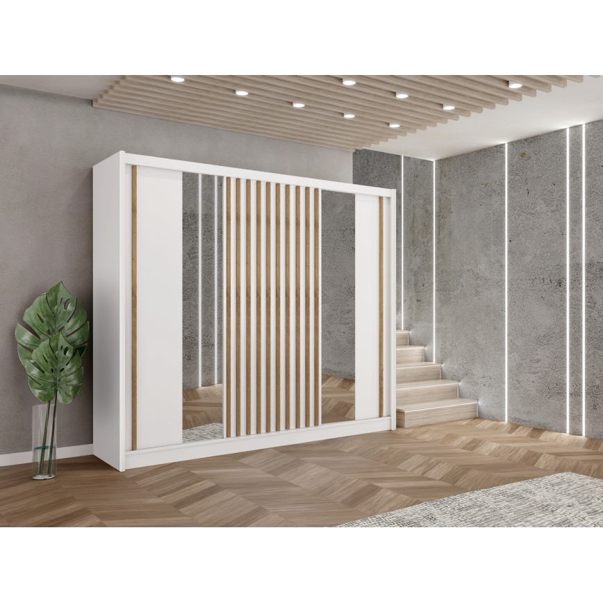 Šatní skříň se zrcadlem SANTINO 250x215x61 cm bílá/dub craft