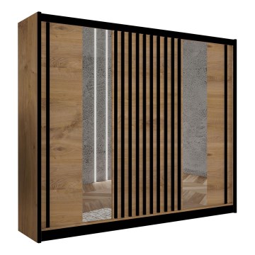 Šatní skříň se zrcadlem SANTINO 250x215x61 cm dub craft/černá