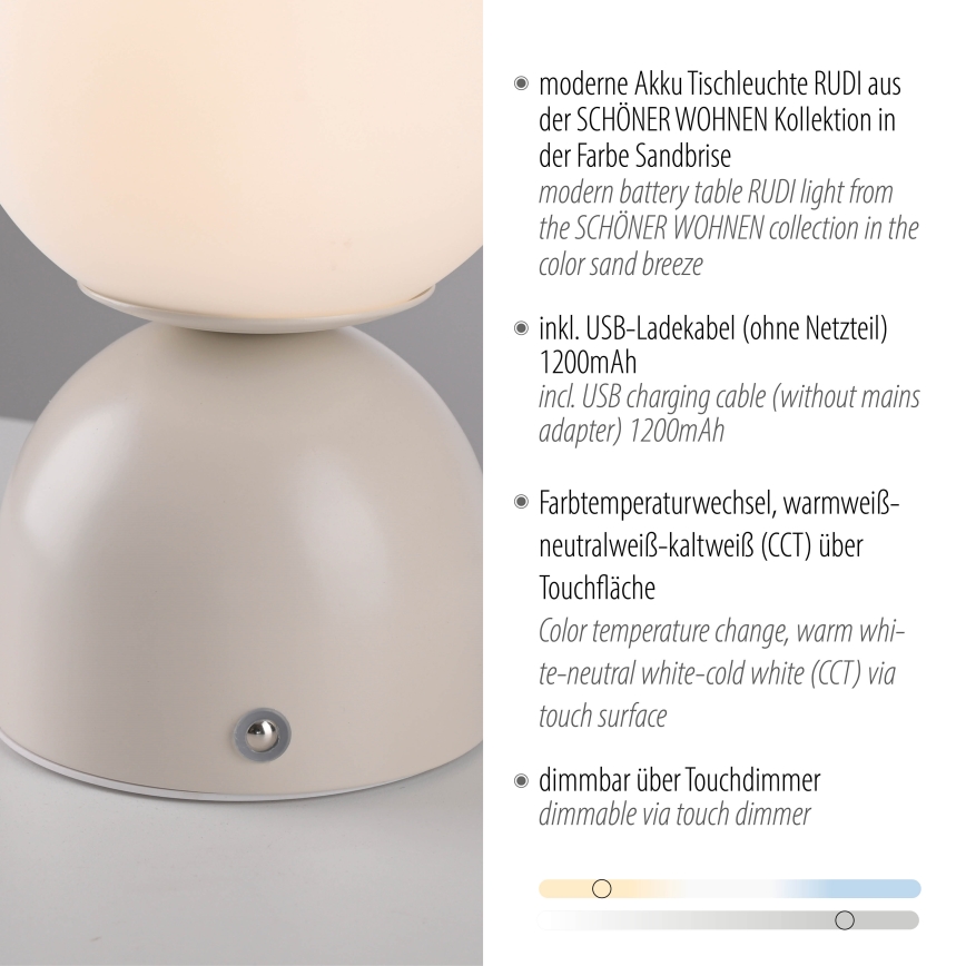 Schöner Wohnen 19218-39 - LED Stmívatelná dotyková nabíjecí stolní lampa RUDI LED/1,2W/5V 3000-6000K 1200 mAh šedá