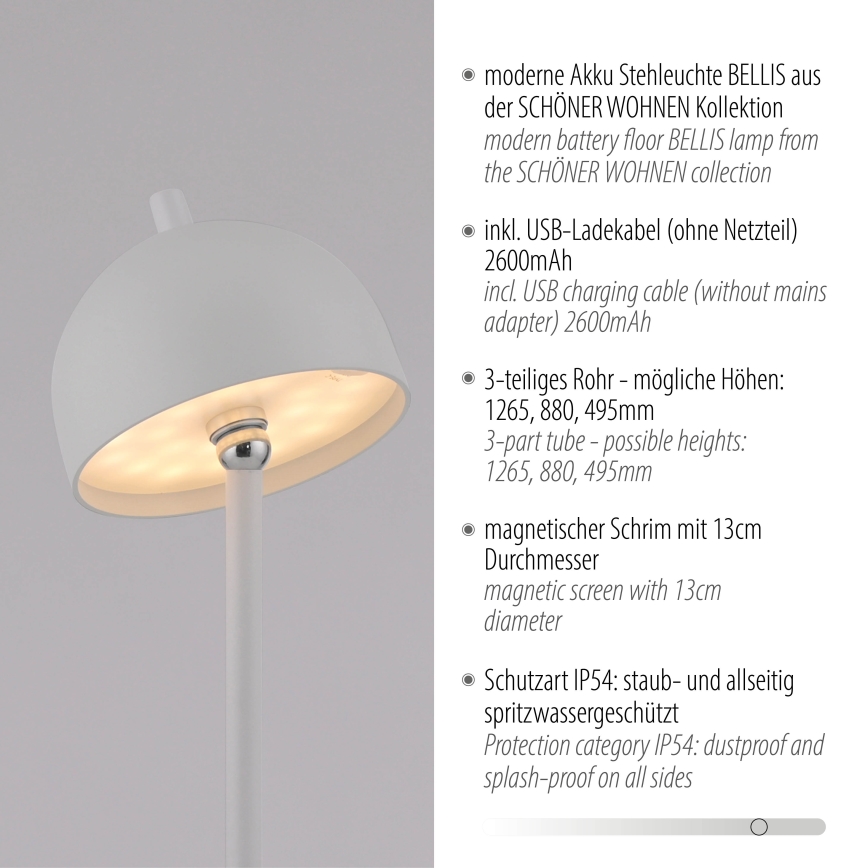 Schöner Wohnen 19245-16 - LED Stmívatelná dotyková nabíjecí venkovní stojací lampa BELLIS LED/2,5W/5V 2600 mAh IP54 bílá