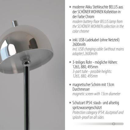 Schöner Wohnen 19245-17 - LED Stmívatelná dotyková nabíjecí venkovní stojací lampa BELLIS LED/2,5W/5V 2600 mAh IP54 lesklý chrom