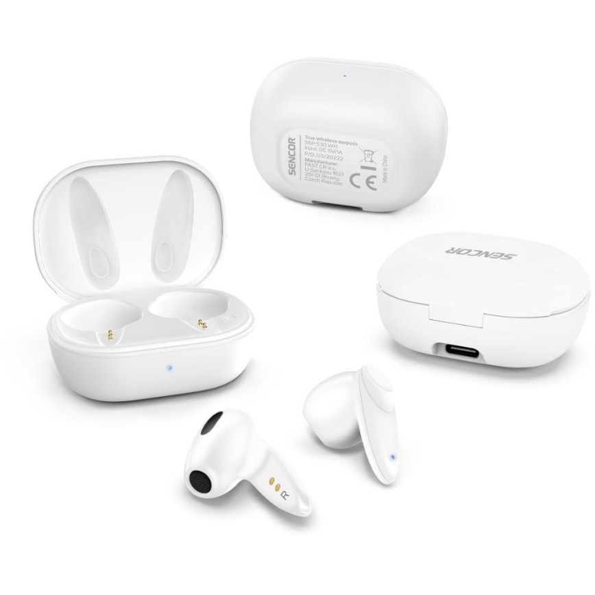 Sencor - Bezdrátová sluchátka 230 mAh + 2x 25 mAh IPX4 bílá