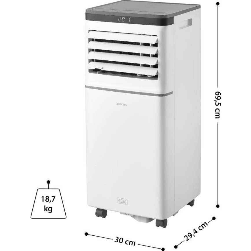 Sencor - Chytrá mobilní klimatizace 3v1 včetně kompletního příslušenství 815W/230V 8000 BTU Wi-Fi bílá + dálkové ovládání
