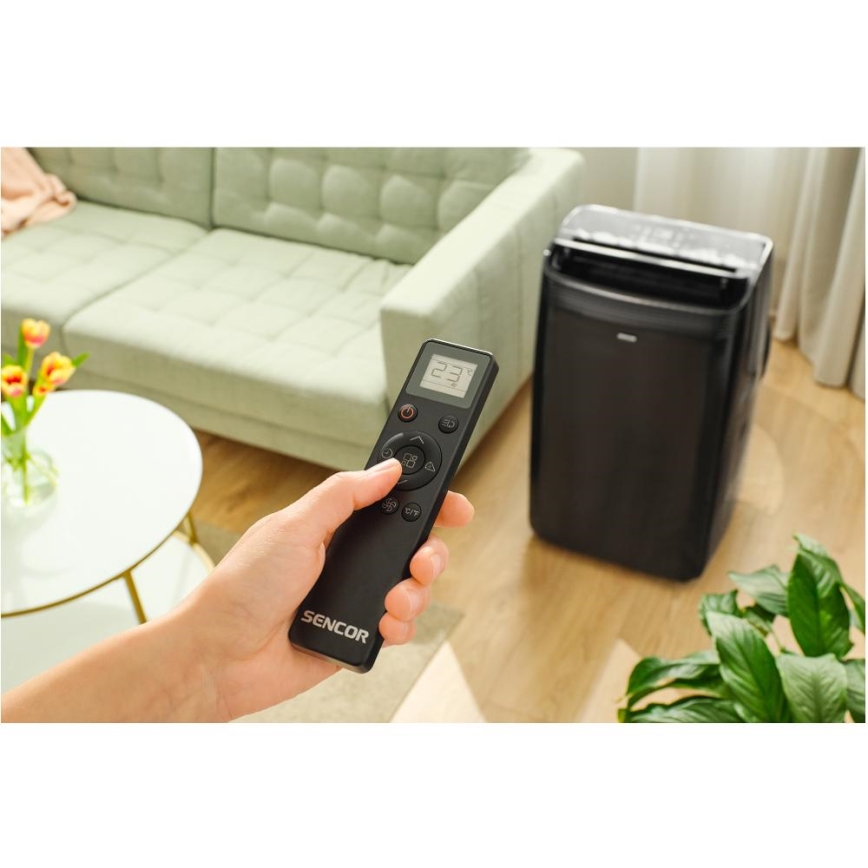 Sencor - Chytrá mobilní klimatizace 4v1 včetně kompletního příslušenství 900W/230V 9000 BTU Wi-Fi černá + dálkové ovládání