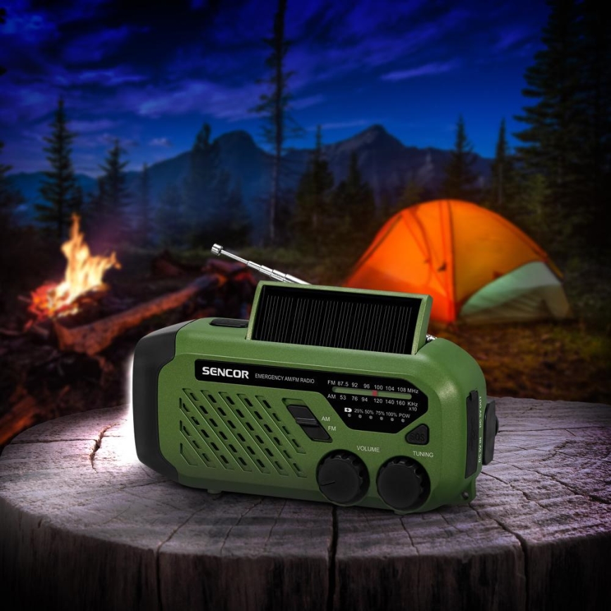Sencor - Kempingové rádio se solárním panelem a LED svítilnou 5V/2000 mAh IPX4 zelená