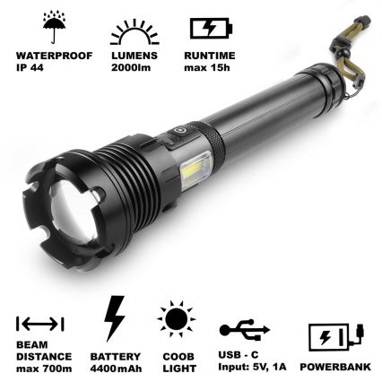 Sencor - LED Nabíjecí hliníková svítilna s funkcí powerbanky LED/10W/4400 mAh 2000 lm IP44
