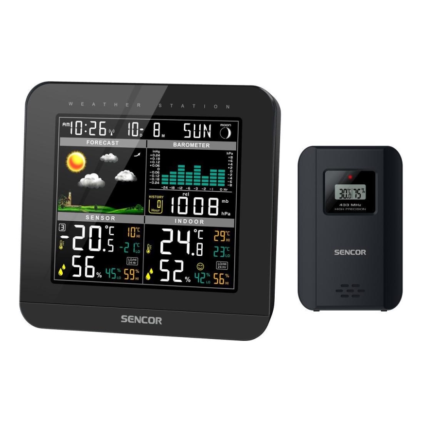 Sencor - Meteostanice s barevným LCD displejem a budíkem 3xAAA + 2x AA černá