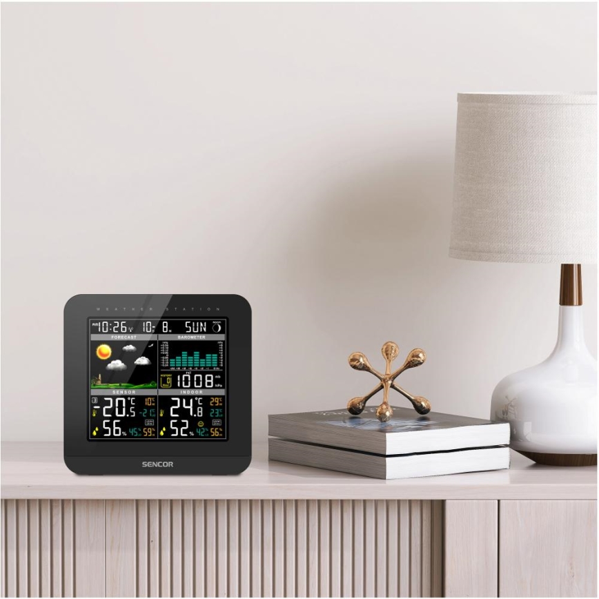 Sencor - Meteostanice s barevným LCD displejem a budíkem 3xAAA + 2x AA černá