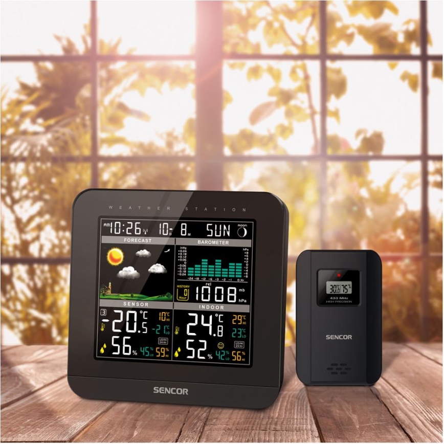 Sencor - Meteostanice s barevným LCD displejem a budíkem 3xAAA + 2x AA černá
