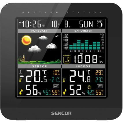 Sencor - Meteostanice s barevným LCD displejem a budíkem 3xAAA + 2x AA černá