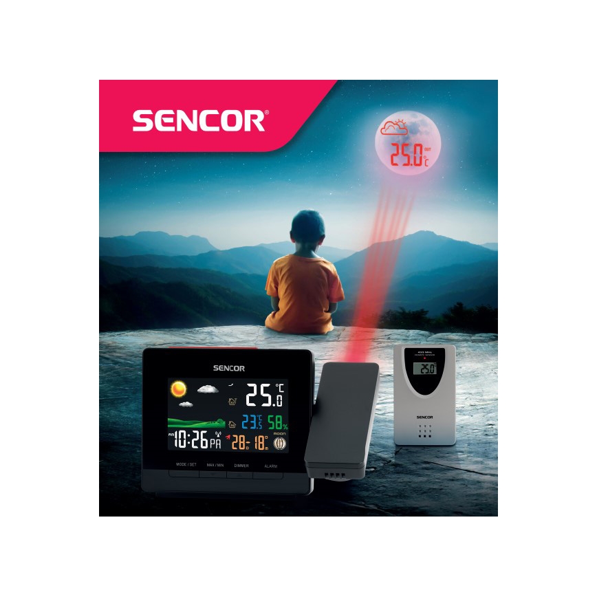 Sencor - Meteostanice s barevným LCD displejem, budíkem a projektorem 2xAA + 2xAAA