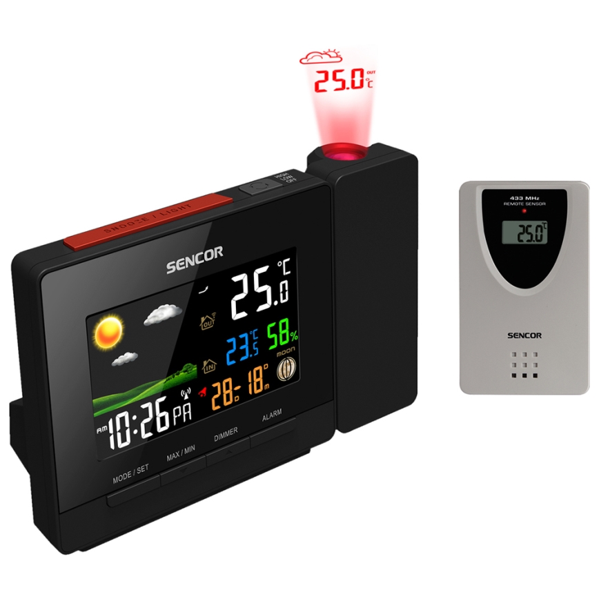 Sencor - Meteostanice s barevným LCD displejem, budíkem a projektorem 2xAA + 2xAAA