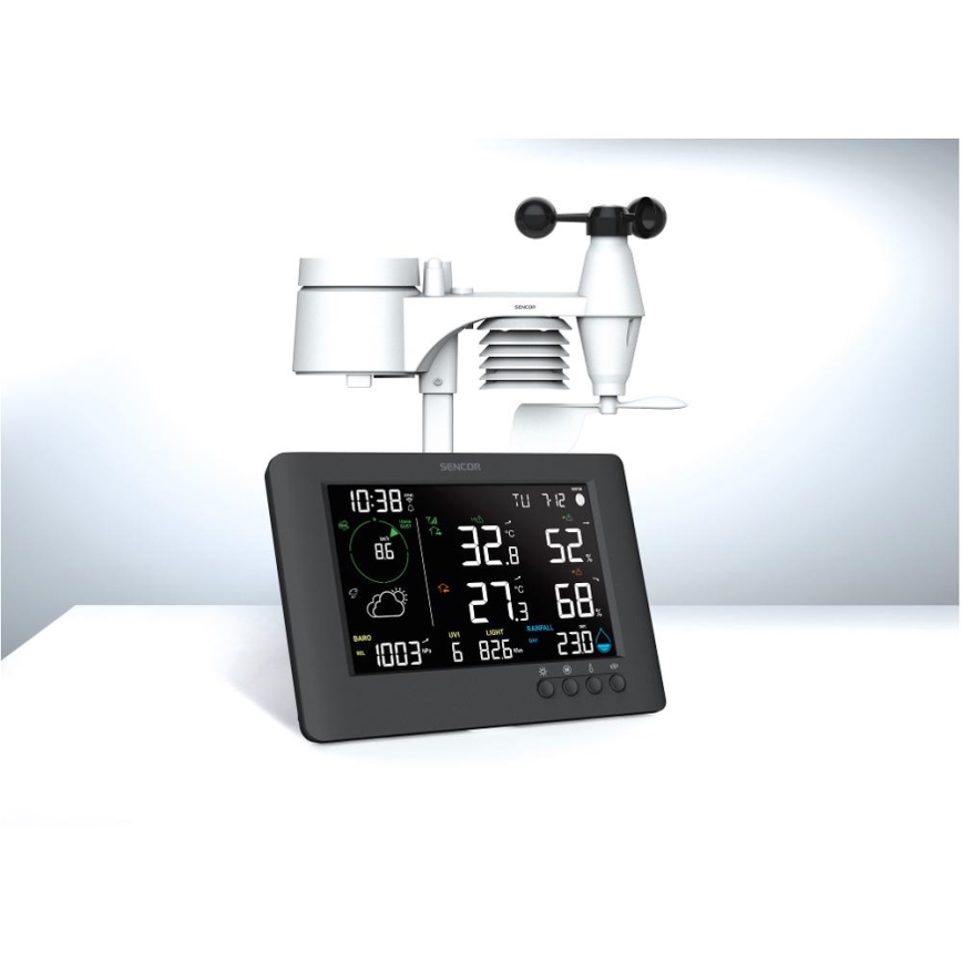 Sencor - Profesionální meteostanice s barevným LCD displejem a budíkem 5V/1xCR2032 + 3xAA Wi-Fi