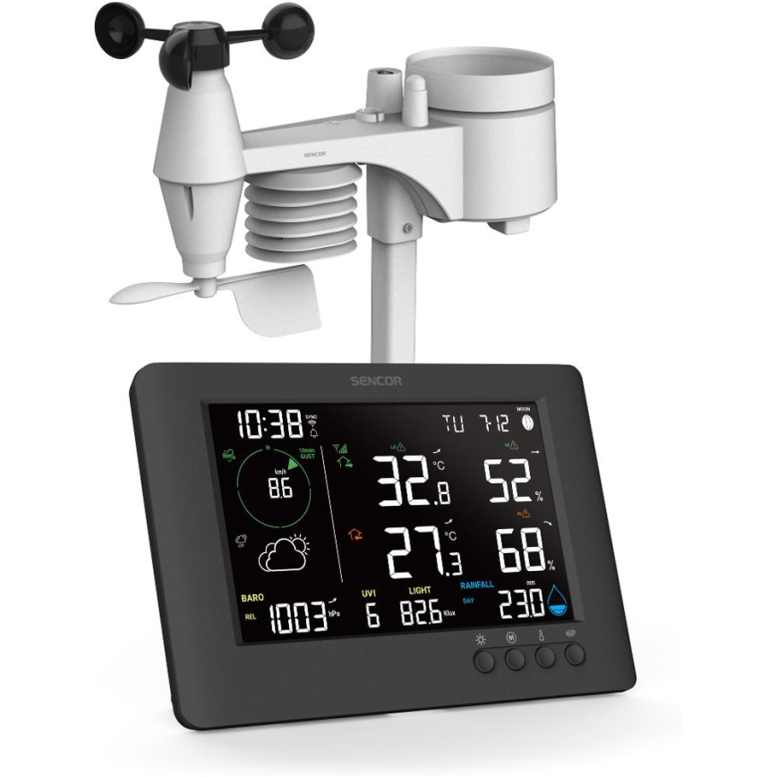 Sencor - Profesionální meteostanice s barevným LCD displejem a budíkem 5V/1xCR2032 + 3xAA Wi-Fi