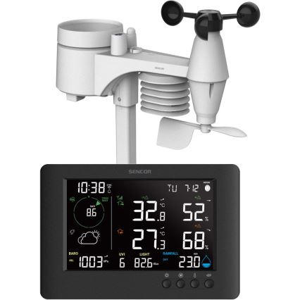 Sencor - Profesionální meteostanice s barevným LCD displejem a budíkem 5V/1xCR2032 + 3xAA Wi-Fi