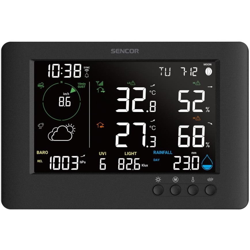 Sencor - Profesionální meteostanice s barevným LCD displejem a budíkem 5V/1xCR2032 + 3xAA Wi-Fi