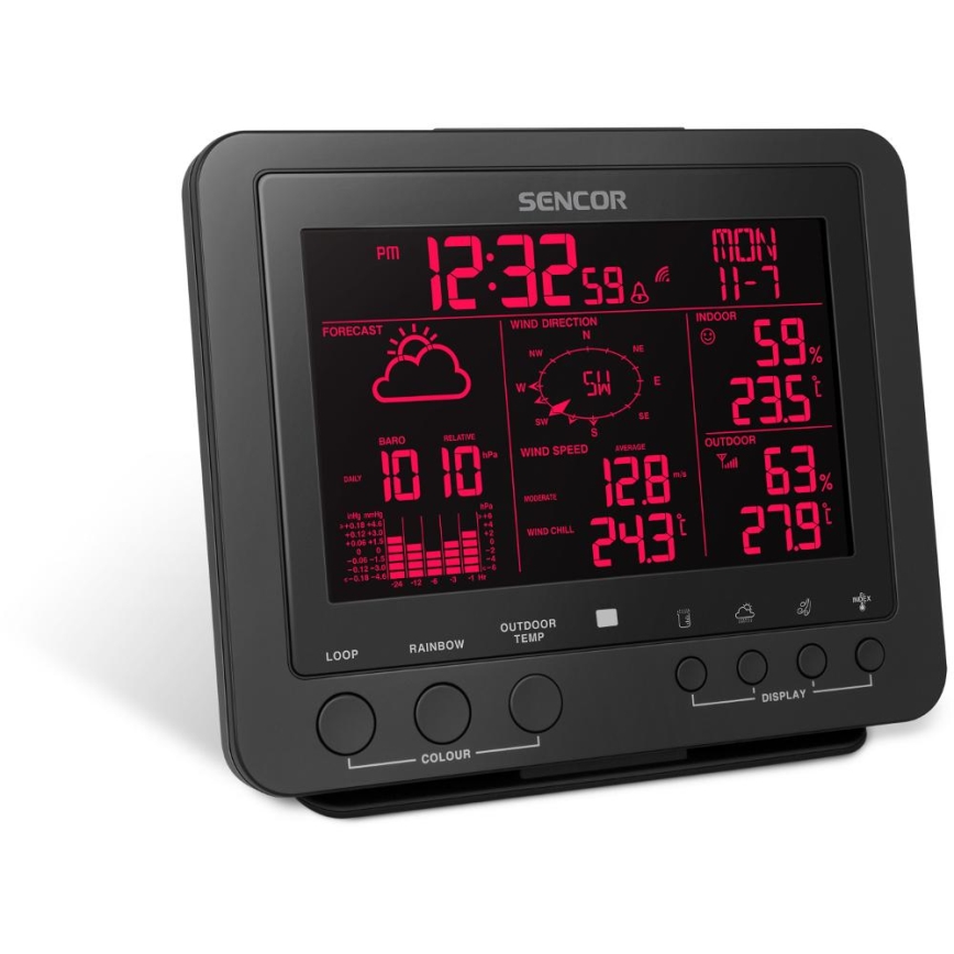 Sencor - Profesionální meteostanice s barevným LCD displejem 5V/1xCR2032 + 3xAA